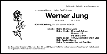 Traueranzeige von Werner Jung von Gesamtausgabe Nürnberger Nachrichten/ Nürnberger Ztg.