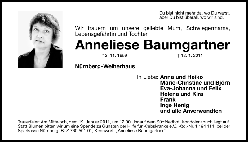 Traueranzeigen Von Anneliese Baumgartner Trauer Nn De