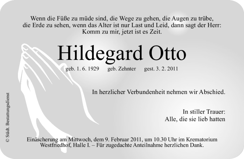 Traueranzeigen Von Hildegard Otto Trauer Nn De