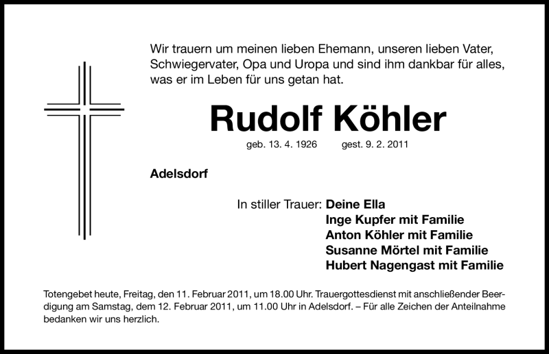 Traueranzeigen Von Rudolf K Hler Trauer Nn De