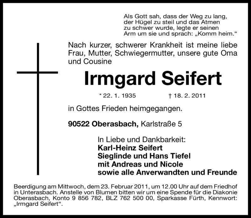 Traueranzeigen Von Irmgard Seifert Trauer Nn De