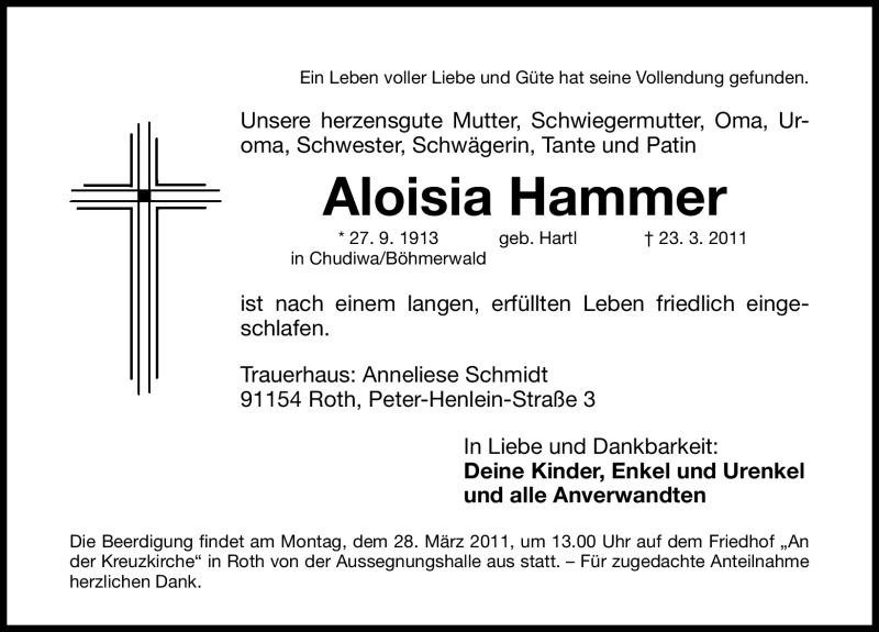 Traueranzeigen Von Aloisia Hammer Trauer Nn De