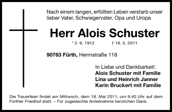 Traueranzeige von Alois Schuster von Nürnberger Nachrichten