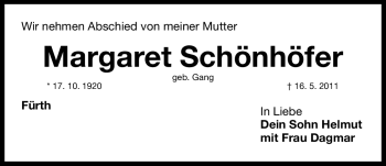 Traueranzeige von Margaret Schönhöfer von Nürnberger Nachrichten