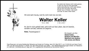 Traueranzeige von Walter Keller von Nürnberger Nachrichten