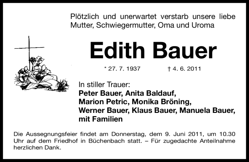 Traueranzeigen Von Edith Bauer Trauer Nn De