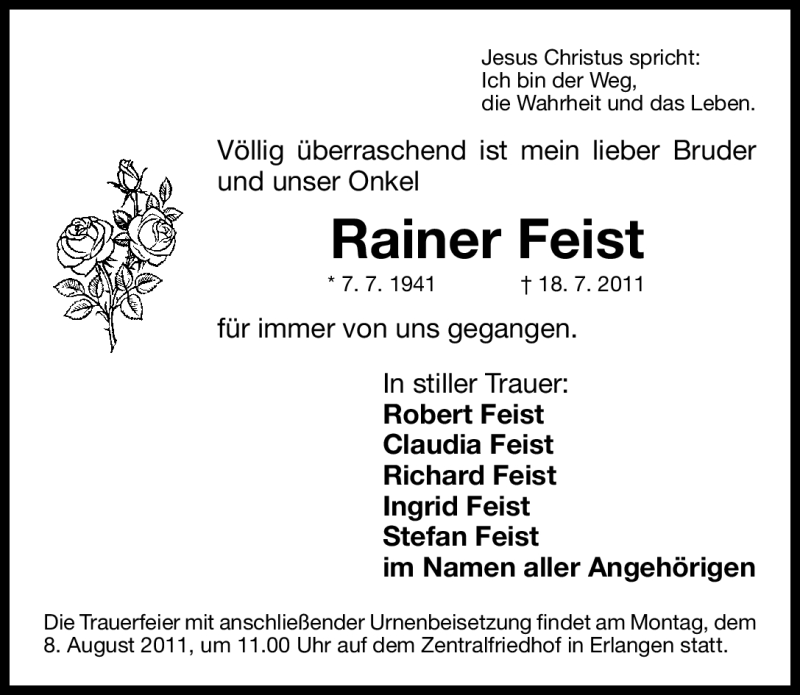 Traueranzeigen Von Rainer Feist Trauer Nn De