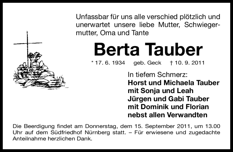 Traueranzeigen Von Berta Tauber Trauer Nn De