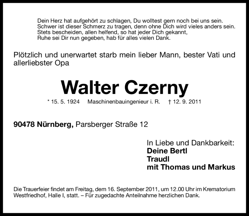 Traueranzeigen Von Walter Czerny Trauer Nn De