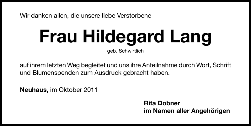 Traueranzeigen Von Hildegard Lang Trauer Nn De