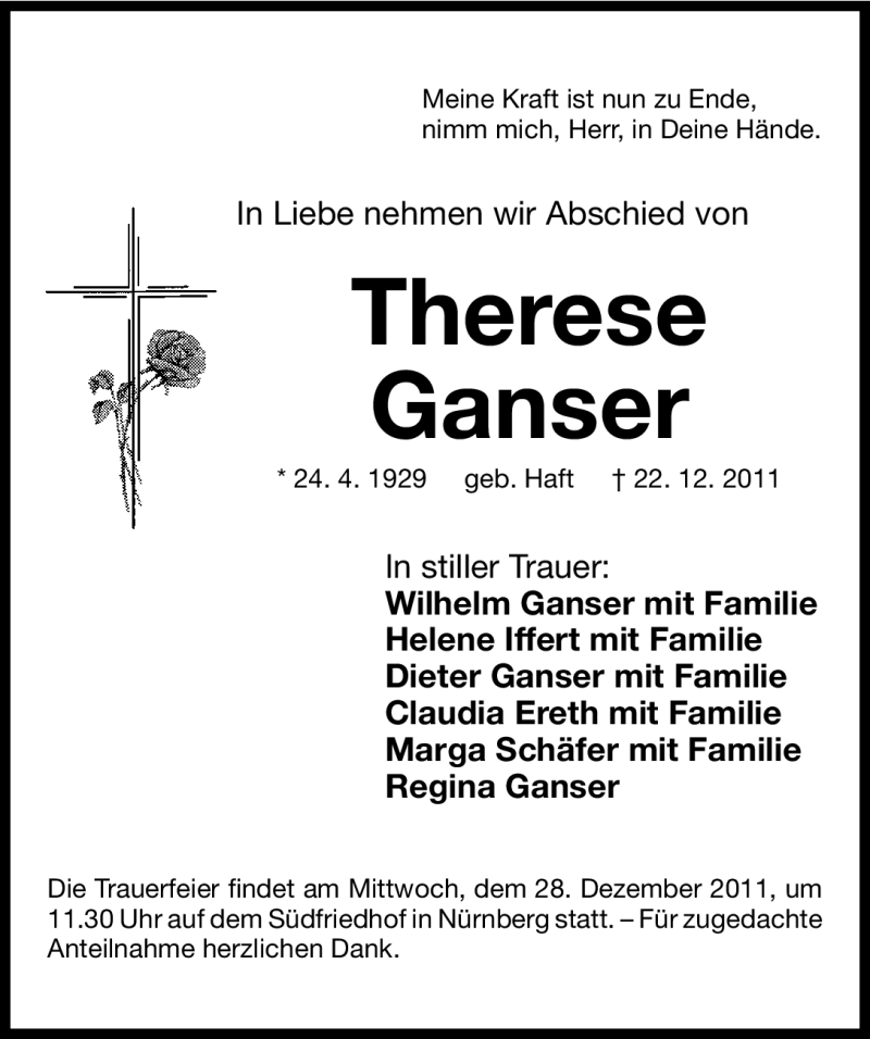 Traueranzeigen Von Therese Ganser Trauer Nn De