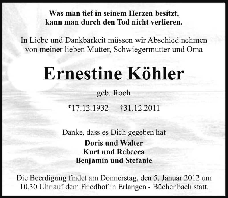 Traueranzeigen von Ernestine Köhler trauer nn de