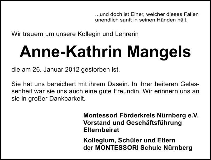 Traueranzeigen Von Anne Kathrin Mangels Trauer Nn De