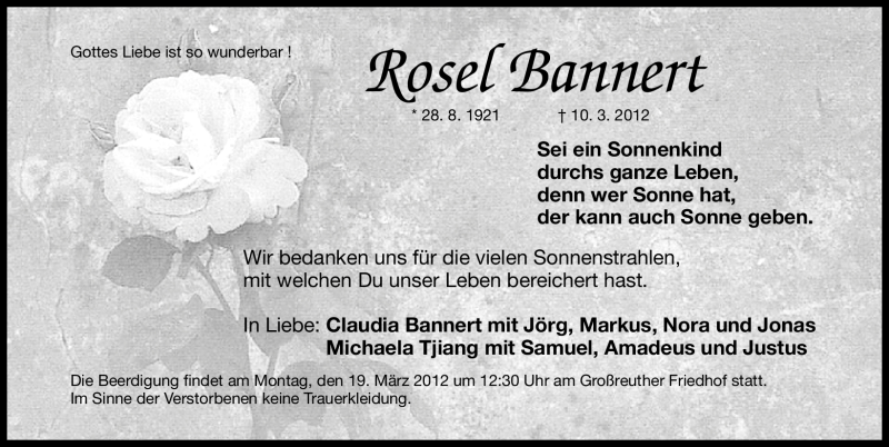 Traueranzeigen Von Rosel Bannert Trauer Nn De