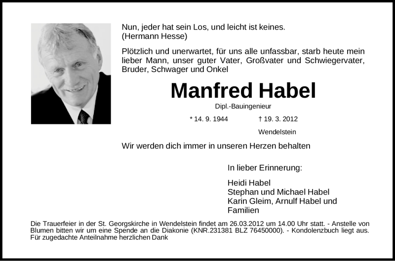 Traueranzeigen Von Manfred Habel Trauer Nn De