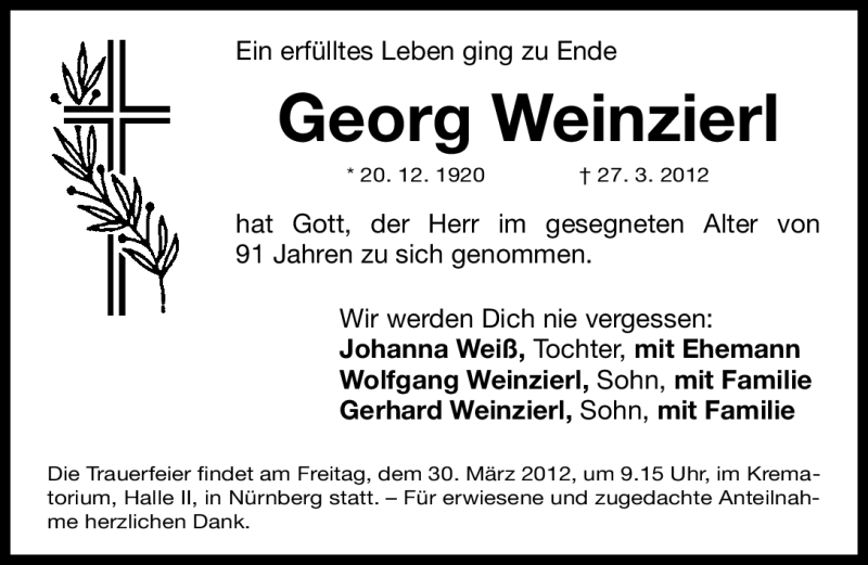 Traueranzeigen Von Georg Weinzierl Trauer Nn De