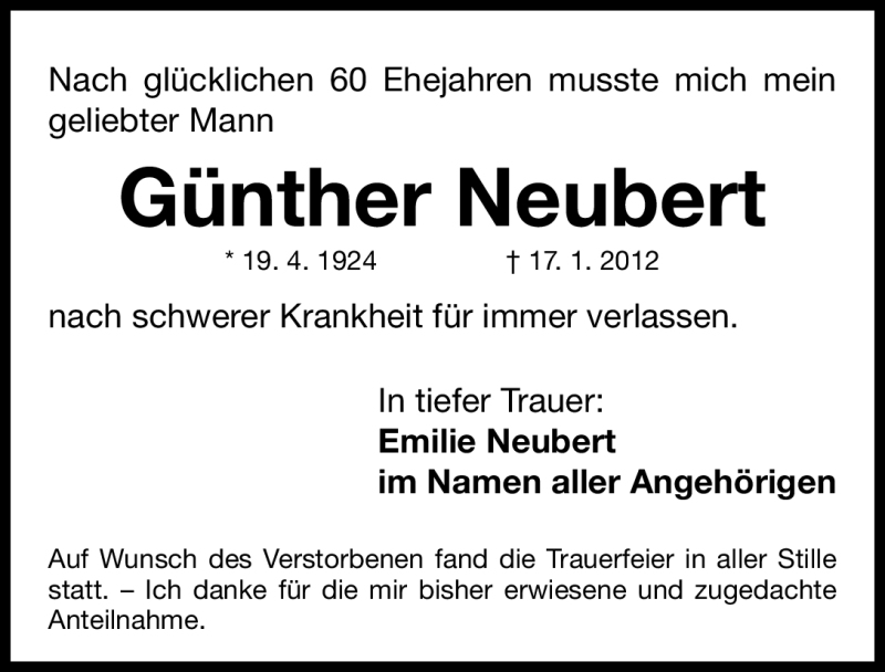 Traueranzeigen Von G Nther Neubert Trauer Nn De