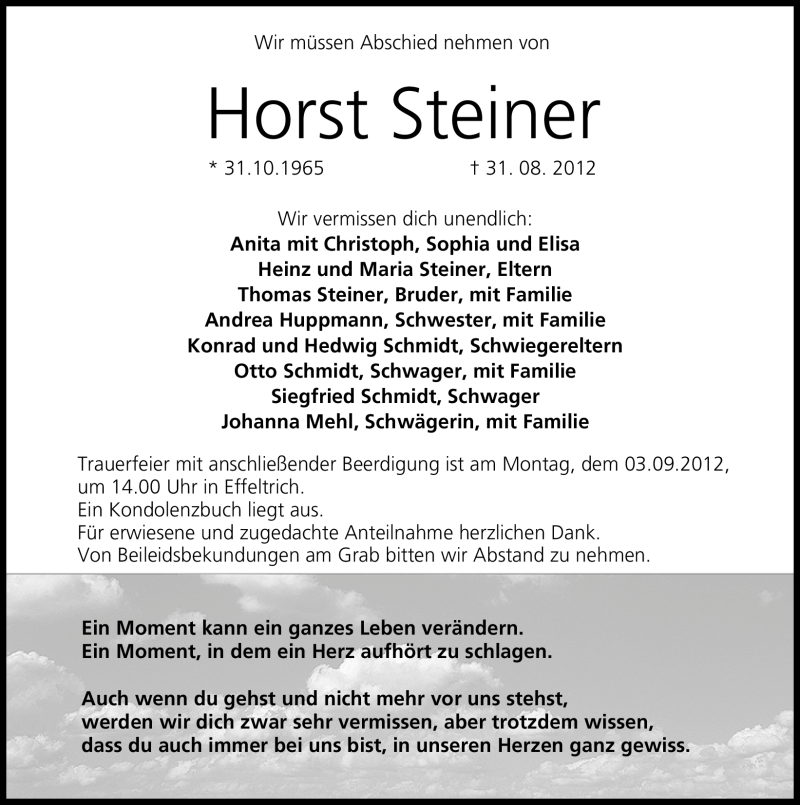 Traueranzeigen Von Horst Steiner Trauer Nn De