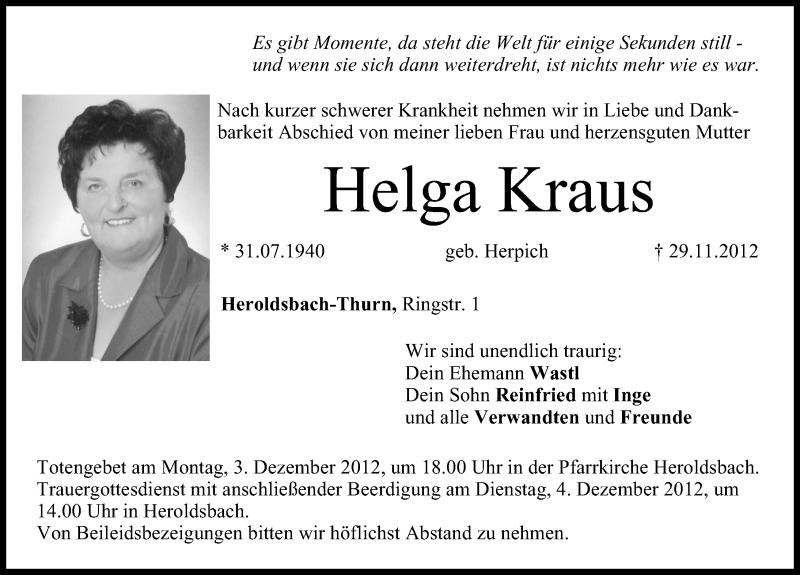 Traueranzeigen Von Helga Kraus Trauer Nn De