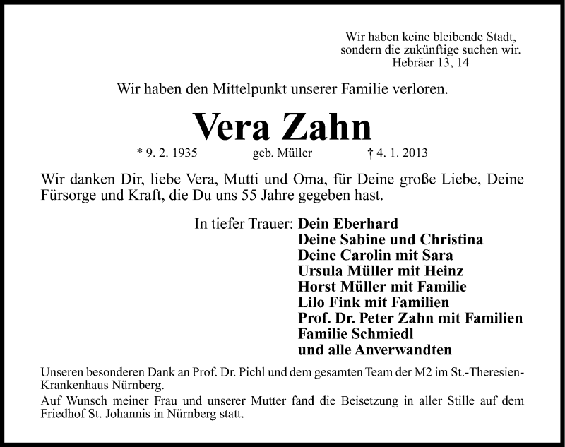 Traueranzeigen Von Vera Zahn Trauer Nn De