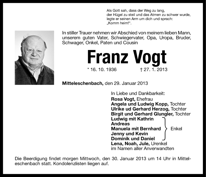 Traueranzeigen Von Franz Vogt Trauer Nn De