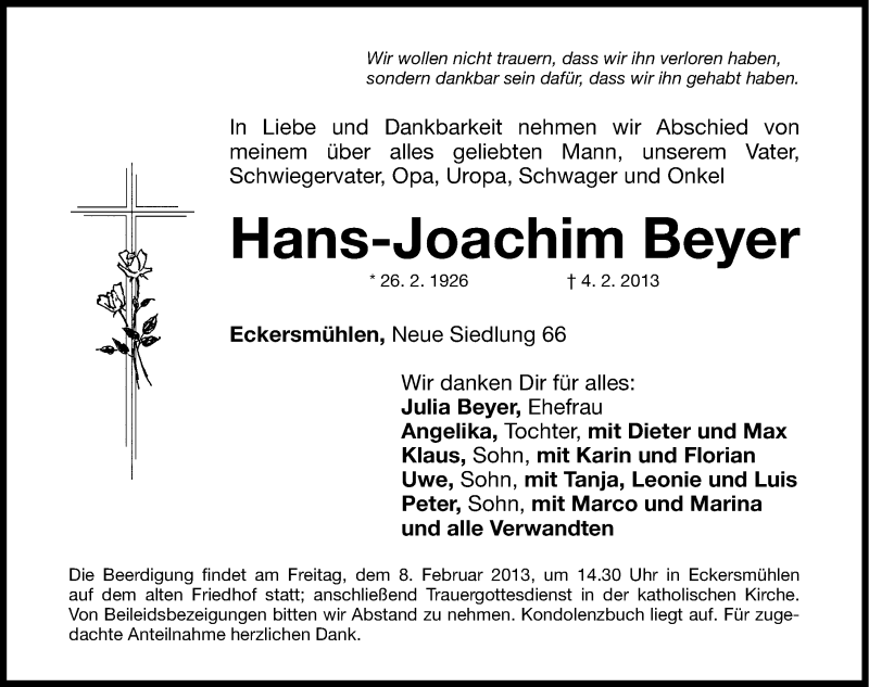 Traueranzeigen Von Hans Joachim Beyer Trauer Nn De