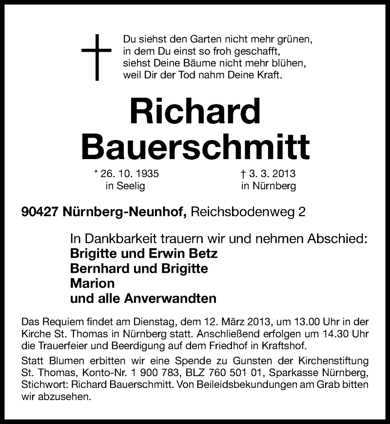 Traueranzeigen Von Richard Bauerschmitt Trauer Nn De