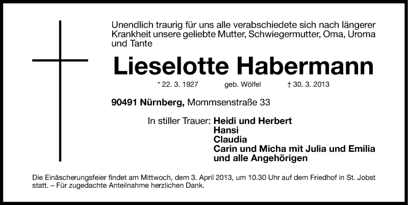 Traueranzeigen Von Lieselotte Habermann Trauer Nn De