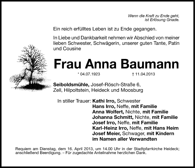 Traueranzeigen Von Anna Baumann Trauer Nn De