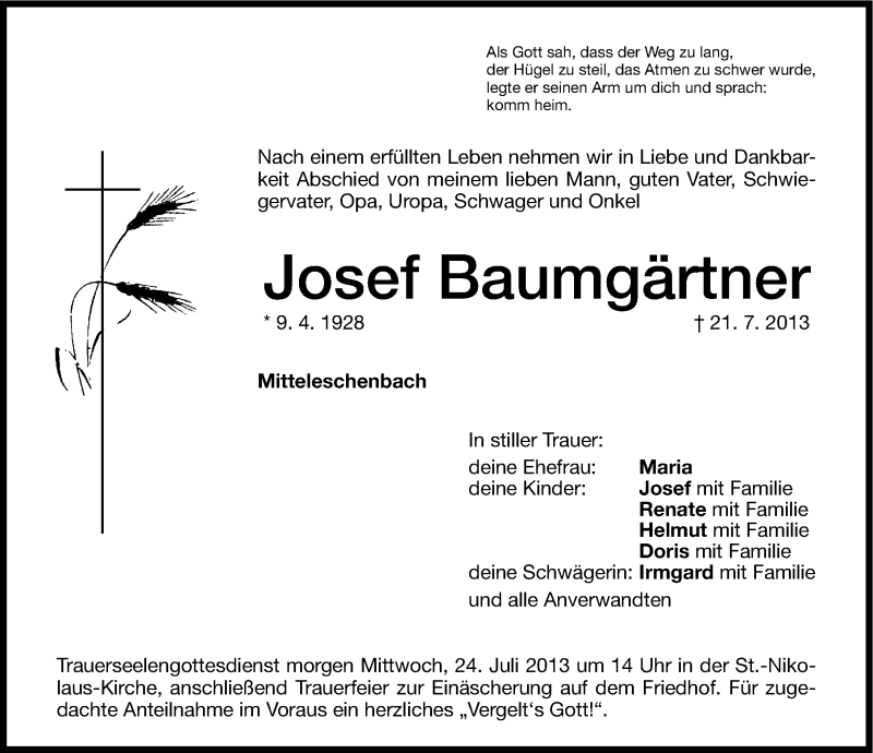 Traueranzeigen Von Josef Baumg Rtner Trauer Nn De