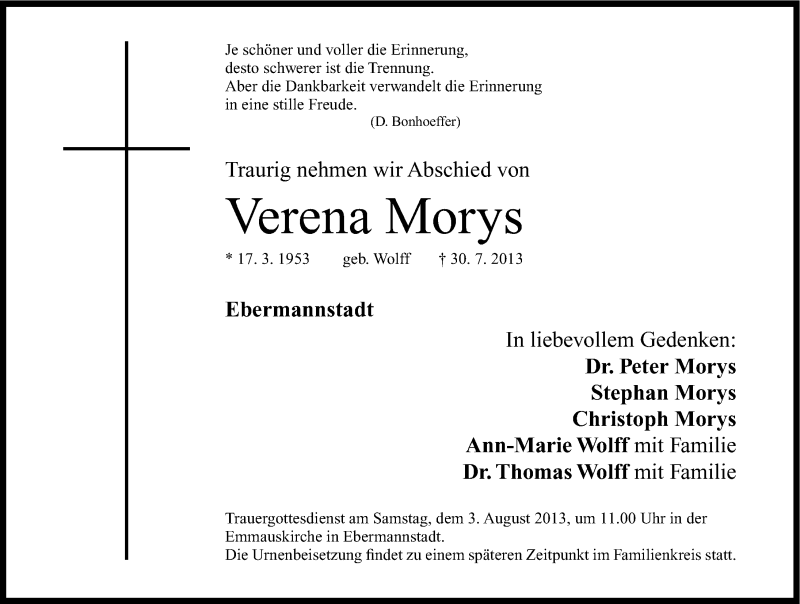 Traueranzeigen Von Verena Morys Trauer Nn De