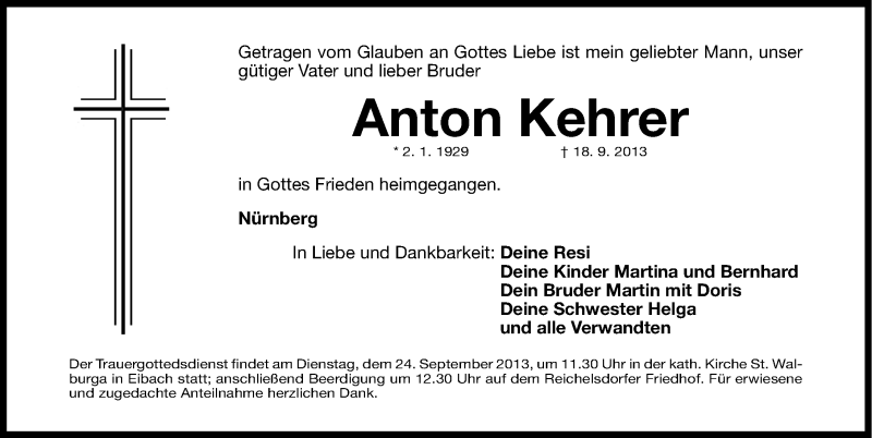 Traueranzeigen Von Anton Kehrer Trauer Nn De