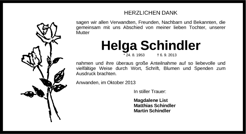 Traueranzeigen Von Helga Schindler Trauer Nn De