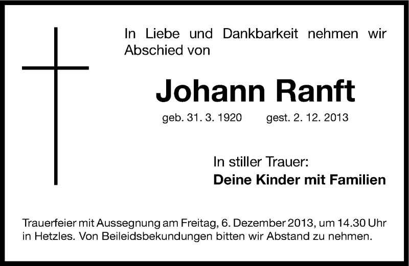 Traueranzeigen Von Johann Ranft Trauer Nn De