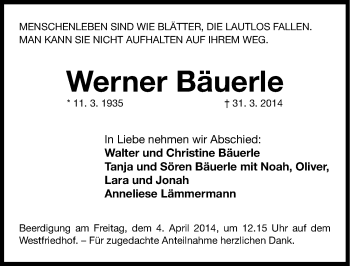 Traueranzeigen von Werner Bäuerle trauer nn de