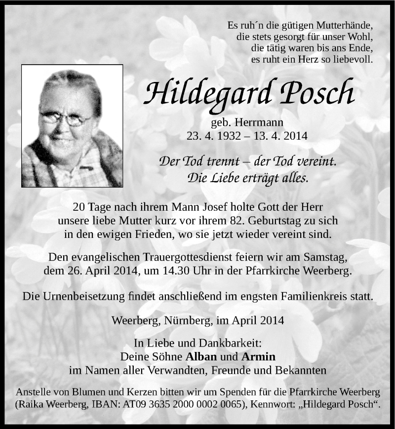 Traueranzeigen Von Hildegard Posch Trauer Nn De