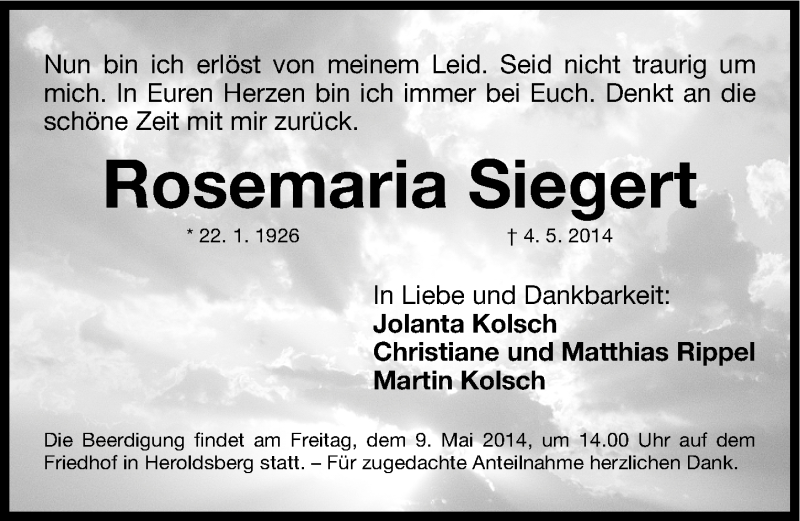 Traueranzeigen Von Rosemaria Siegert Trauer Nn De