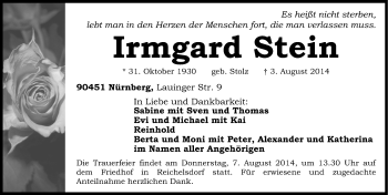 Traueranzeigen Von Irmgard Stein Trauer Nn De