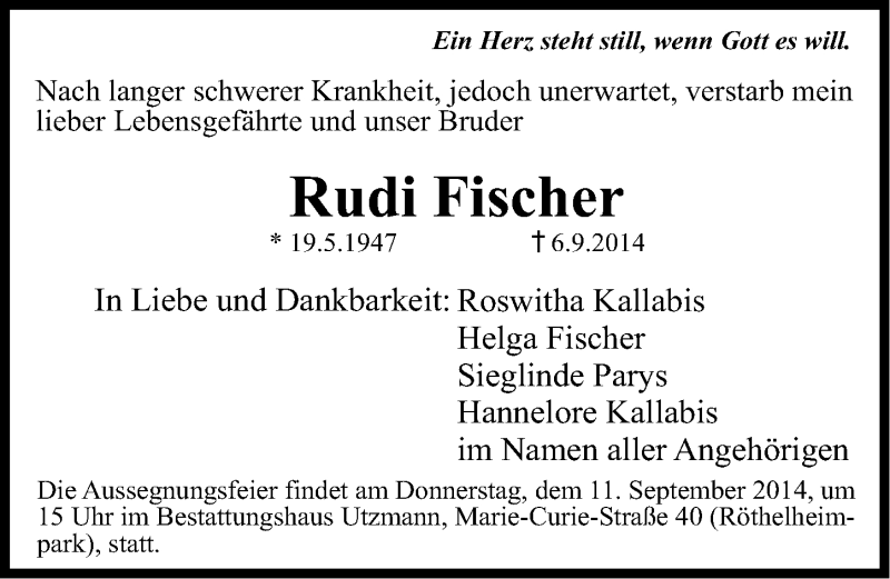 Traueranzeigen Von Rudi Fischer Trauer Nn De