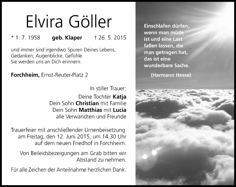 Traueranzeigen von Elvira Göller trauer nn de