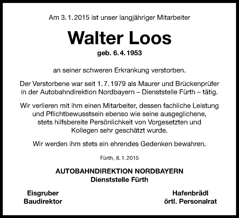 Traueranzeigen Von Walter Loos Trauer Nn De