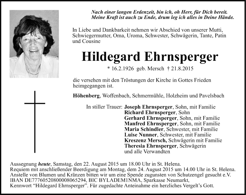 Traueranzeigen Von Hildegard Ehrnsperger Trauer Nn De