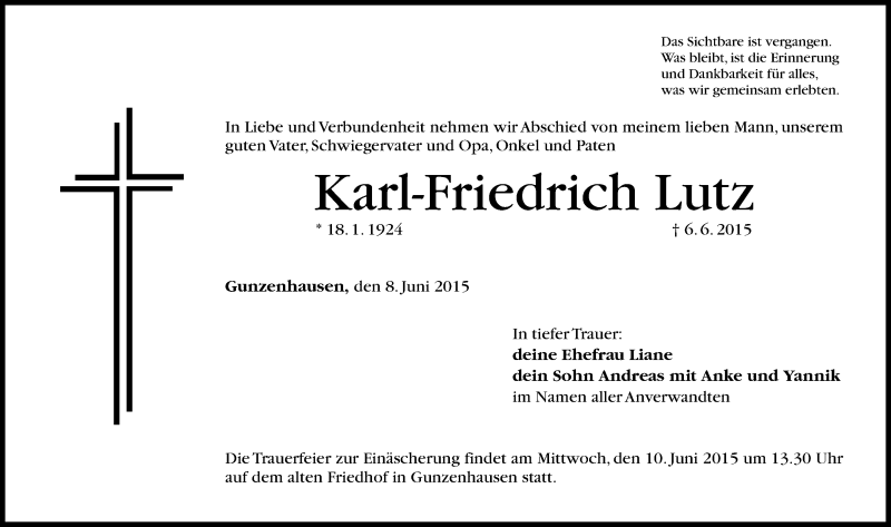 Traueranzeigen Von Karl Friedrich Lutz Trauer Nn De