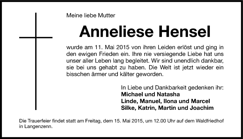 Traueranzeigen Von Anneliese Hensel Trauer Nn De