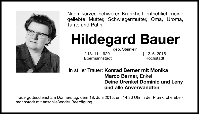 Traueranzeigen Von Hildegard Bauer Trauer Nn De