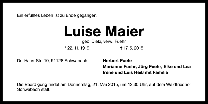 Traueranzeigen Von Luise Maier Trauer Nn De