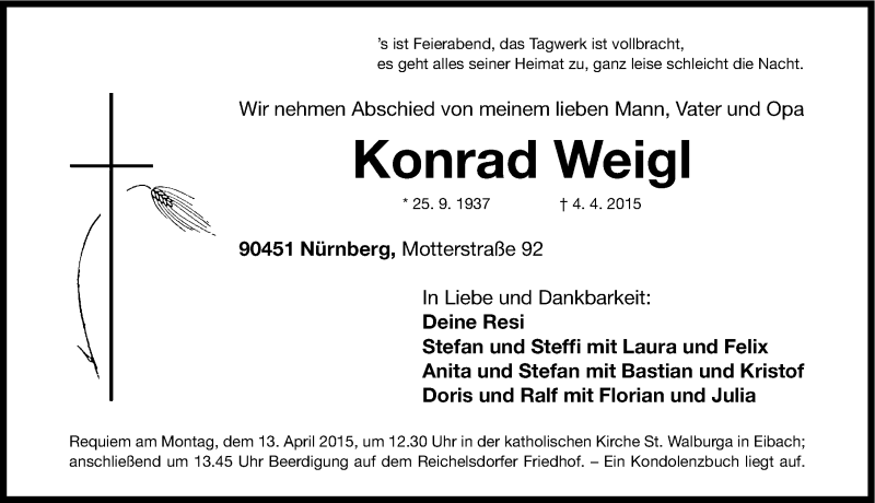 Traueranzeigen Von Konrad Weigl Trauer Nn De