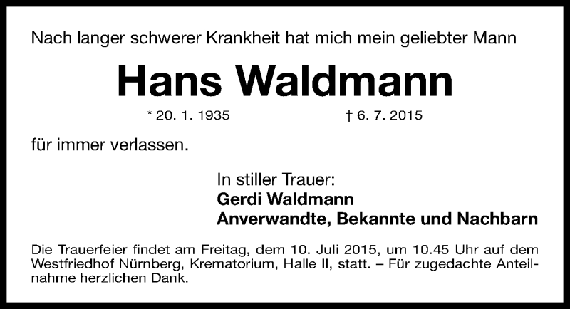 Traueranzeigen Von Hans Waldmann Trauer Nn De