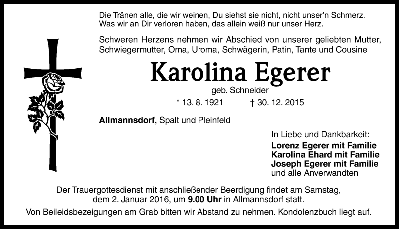 Traueranzeigen Von Karolina Egerer Trauer Nn De