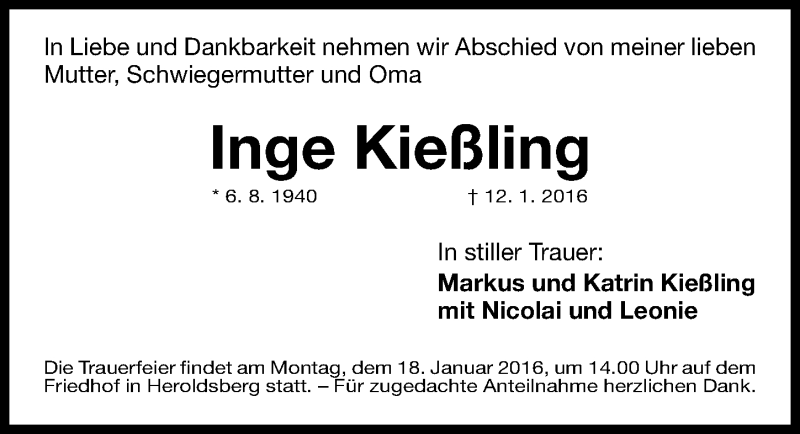 Traueranzeigen von Inge Kießling trauer nn de